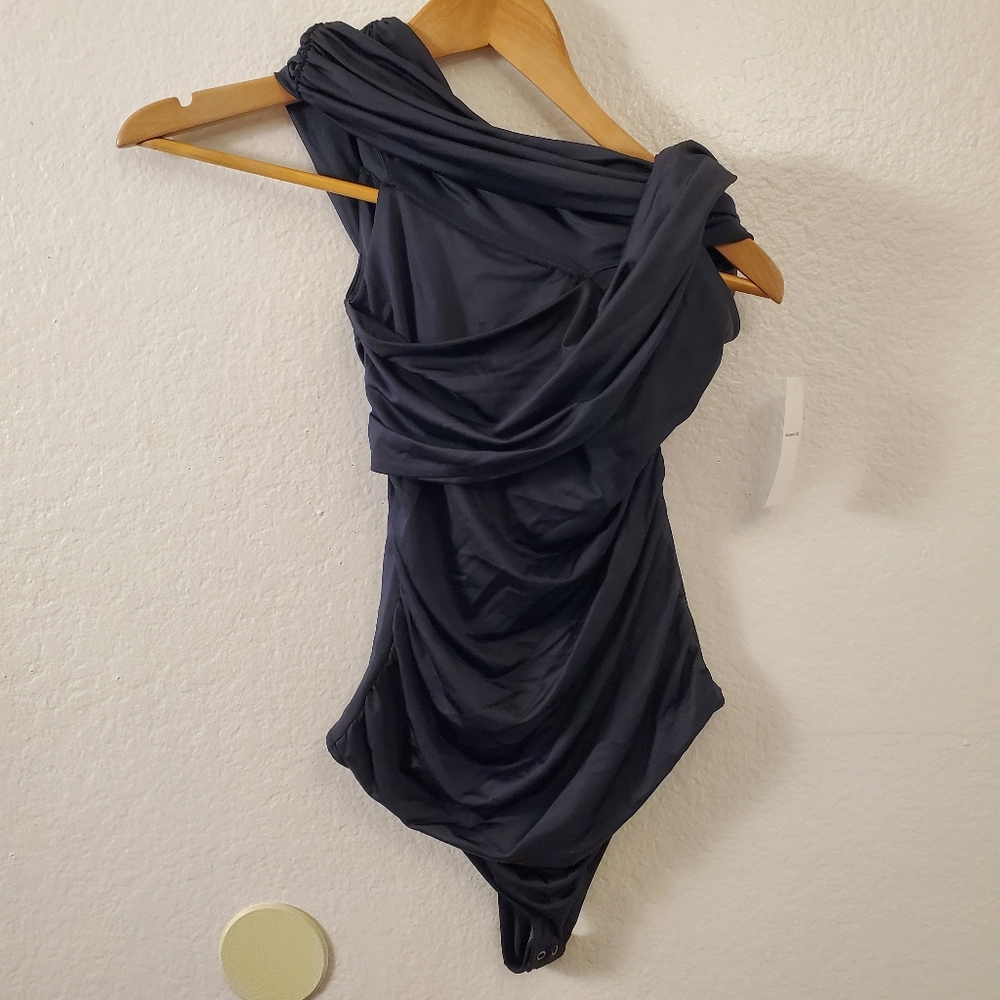 Abercrombie & Fitch Asymmetrical Draped Ruffled Black Bodysuit